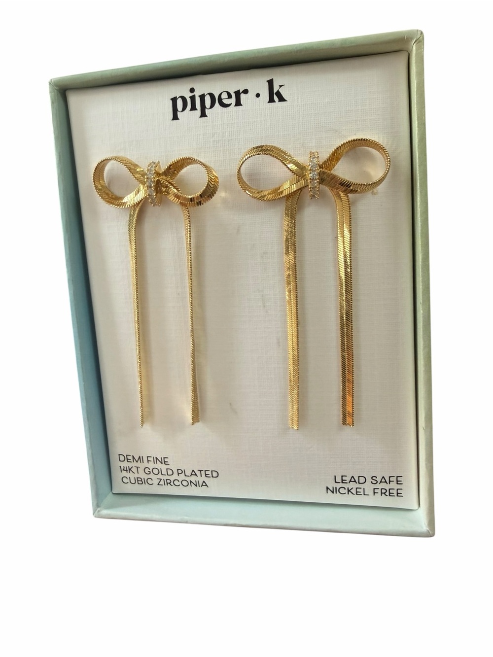 Piper Gold Bow Drop Earrings with Ribbon Tails 14k Gold Plated